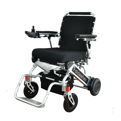 The Foldawheel PW-999UL High Performance Portable Powerchair is a lightweight, folding aluminum-alloy wheelchair with black mesh seat and backrest, armrests, footrest, large rear wheels, and a right-arm joystick.