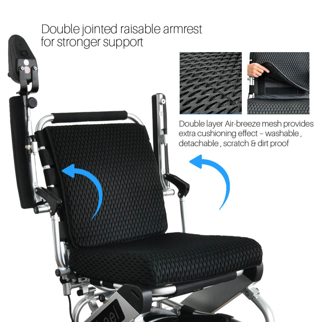The Foldawheel PW-999UL High Performance Portable Powerchair is a lightweight aluminum-alloy chair with double-jointed, raisable armrests for extra support and a breathable mesh seat that's washable, detachable, and scratch- and dirt-proof. Blue arrows highlight the armrests.
