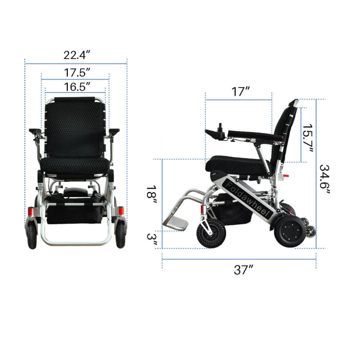 The Foldawheel PW-999UL High Performance Portable Powerchair shown from front and side with labeled dimensions: width 22.4", seat width 17.5", seat depth 16.5", height 34.6", seat height 18", and length 37".