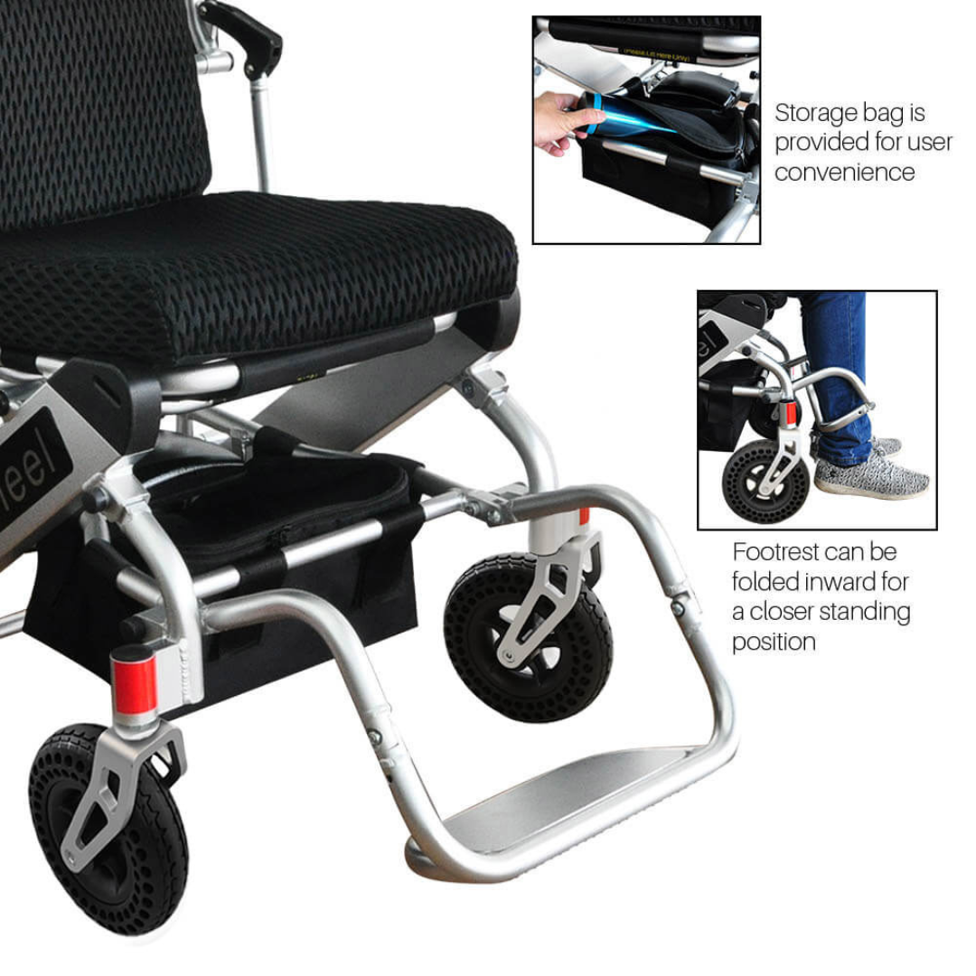 The Foldawheel PW-999UL High Performance Portable Powerchair features a mesh seat, foldable footrest for easier standing, and an under-seat storage bag. Insets highlight the compact fold and storage bag details.