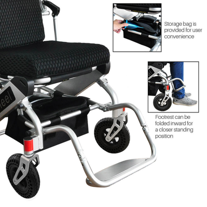 The Foldawheel PW-999UL High Performance Portable Powerchair features a mesh seat, foldable footrest for easier standing, and an under-seat storage bag. Insets highlight the compact fold and storage bag details.