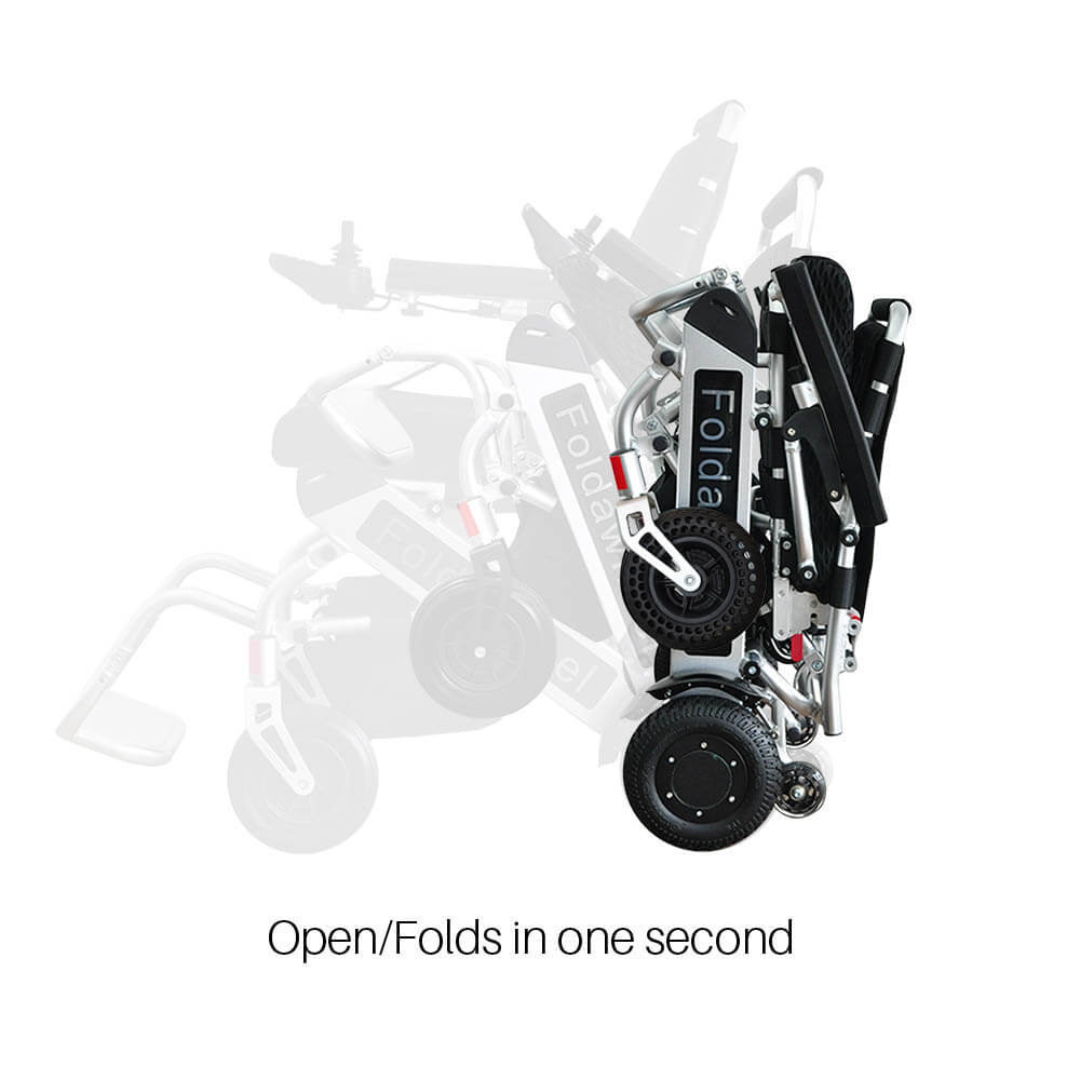 The Foldawheel PW-999UL High Performance Portable Powerchair is shown folded and unfolding in stages. The text below reads, Opens/Folds in one second.