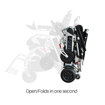The Foldawheel PW-999UL High Performance Portable Powerchair is shown folded and unfolding in stages. The text below reads, Opens/Folds in one second.