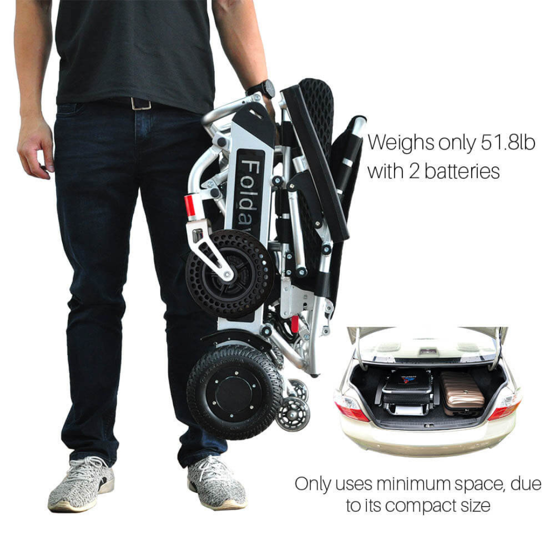 A person holds the Foldawheel PW-999UL High Performance Portable Powerchair, folded in one hand. Text notes it weighs 51.8 lbs with two batteries and fits easily in a car trunk, as shown in an inset image of it inside a car.