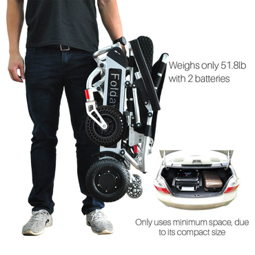 A person holds the Foldawheel PW-999UL High Performance Portable Powerchair, folded in one hand. Text notes it weighs 51.8 lbs with two batteries and fits easily in a car trunk, as shown in an inset image of it inside a car.