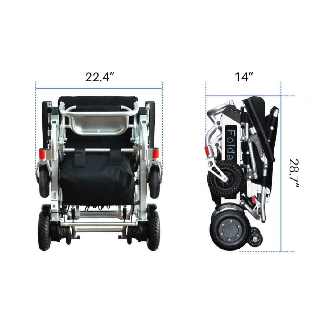 Front and side views of the Foldawheel PW-999UL High Performance Portable Powerchair show its ultra-compact, lightweight build—only 22.4" wide, 14" deep, and 28.7" tall when folded—ideal for easy travel and storage.