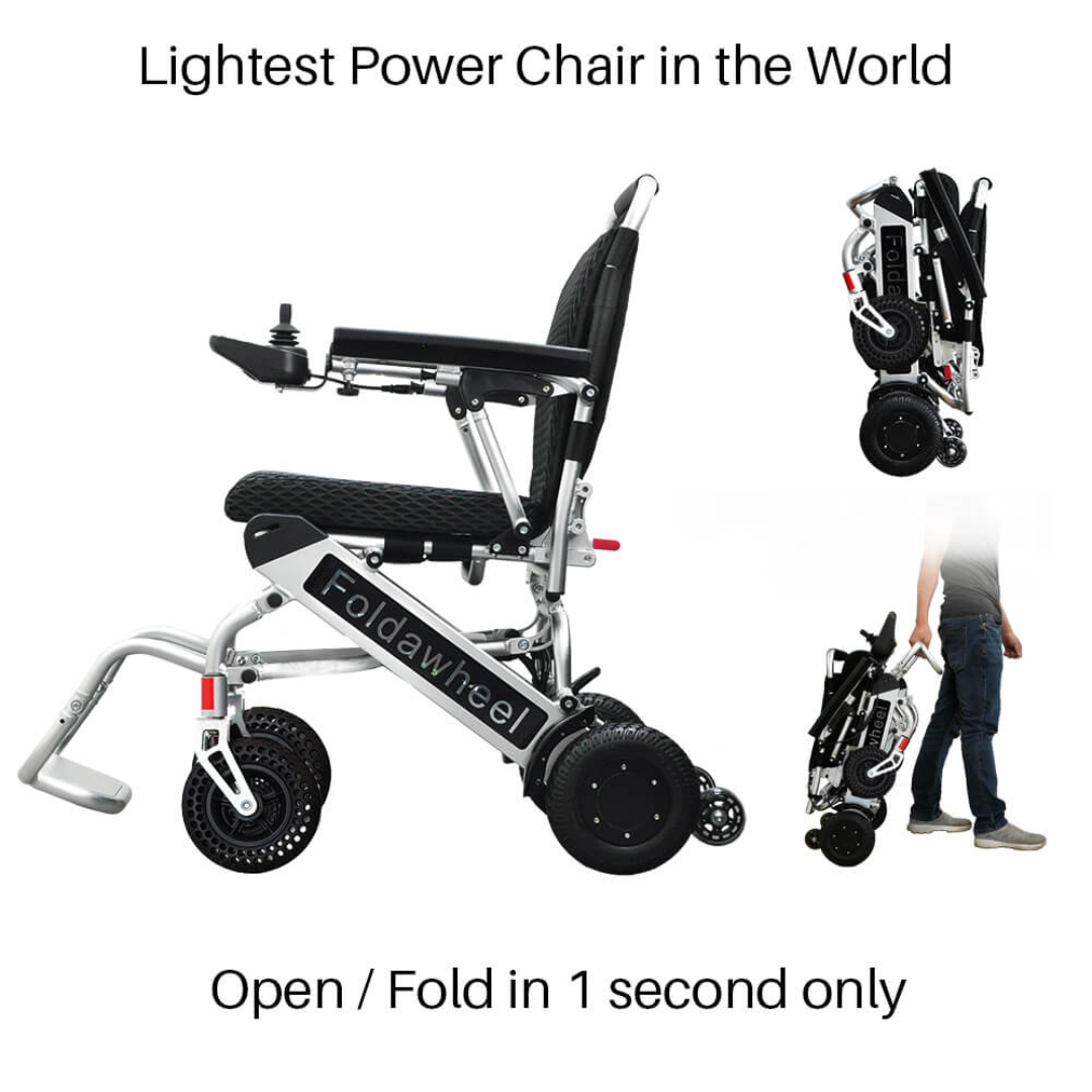 The Foldawheel PW-999UL High Performance Portable Powerchair, the world’s lightest power chair, is shown open and folded. A person easily moves the folded chair. Open or fold in just 1 second.