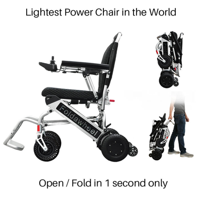 The Foldawheel PW-999UL High Performance Portable Powerchair, the world’s lightest power chair, is shown open and folded. A person easily moves the folded chair. Open or fold in just 1 second.