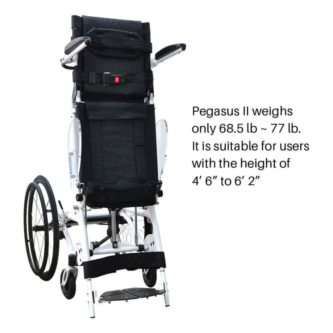 The Foldawheel Lloyd Pegasus Semi-Powered Standing Wheelchair is a lightweight black upright chair with large rear wheels, footrest, powered sit-to-stand feature, and suits users 4'6"–6'2", weighing only 68.5–77 lb.