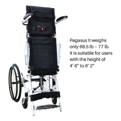 The Foldawheel Lloyd Pegasus Semi-Powered Standing Wheelchair is a lightweight black upright chair with large rear wheels, footrest, powered sit-to-stand feature, and suits users 4'6"–6'2", weighing only 68.5–77 lb.