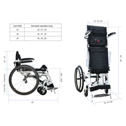 The Foldawheel Lloyd Pegasus Semi-Powered Standing Wheelchair, shown from the side and back with labeled seat width, seat depth, height, length, and overall width. Silver frame with black seat and large rear wheels; ideal for users with limited strength.