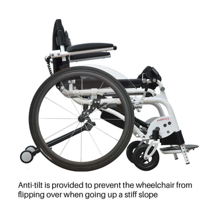 A side view of the Foldawheel Lloyd Pegasus Semi-Powered Standing Wheelchair in white, featuring large rear wheels, small front wheels, and anti-tilt bars—ideal for users needing support on steep slopes or with limited strength.