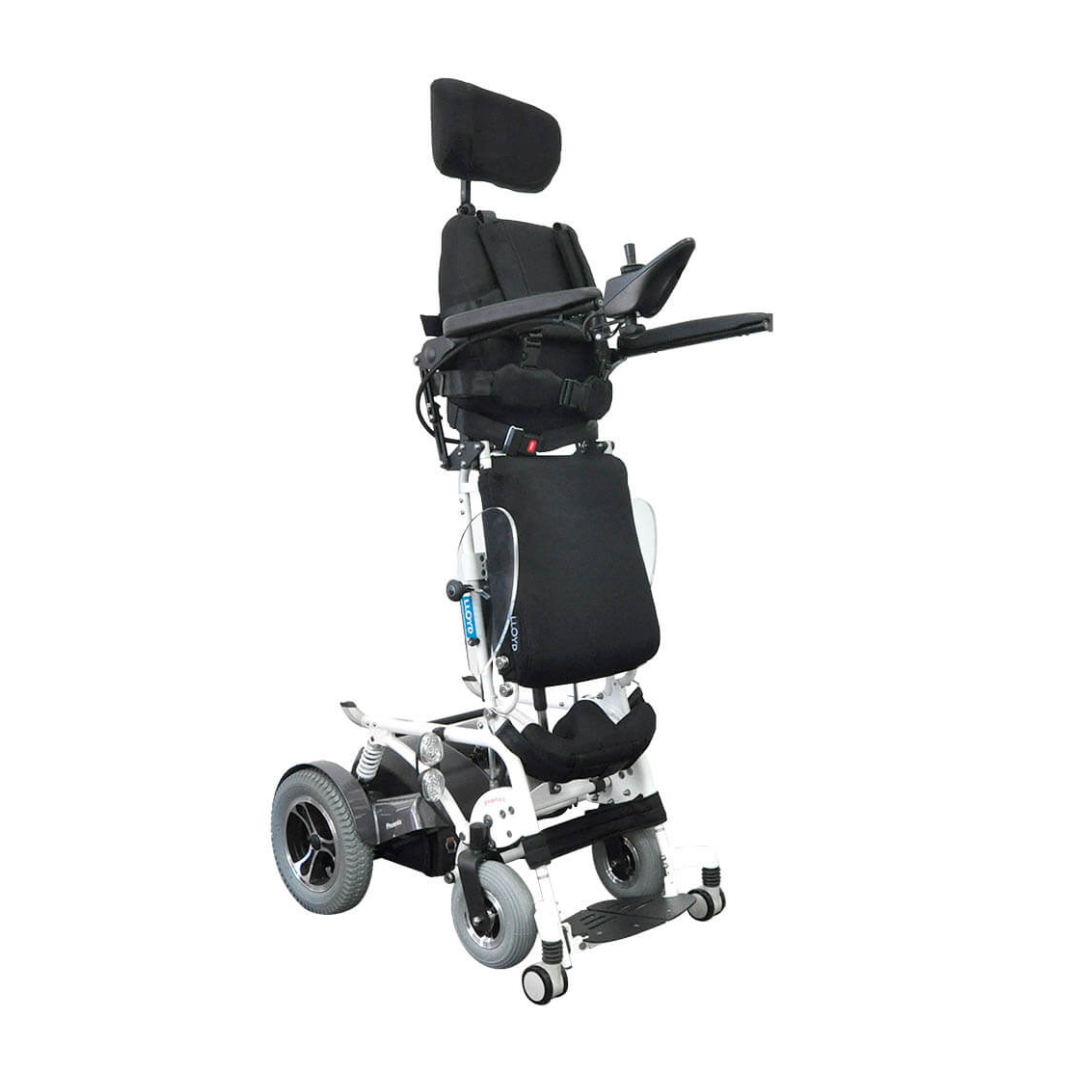 The Foldawheel Lloyd Phoenix 2 Standing Power Wheelchair features a black seat, headrest, armrests, joystick control, and four wheels. Shown upright, it’s designed for advanced mobility and comfort.
