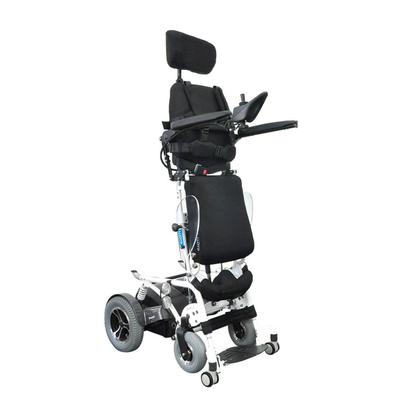 The Foldawheel Lloyd Phoenix 2 Standing Power Wheelchair features a black seat, headrest, armrests, joystick control, and four wheels. Shown upright, it’s designed for advanced mobility and comfort.