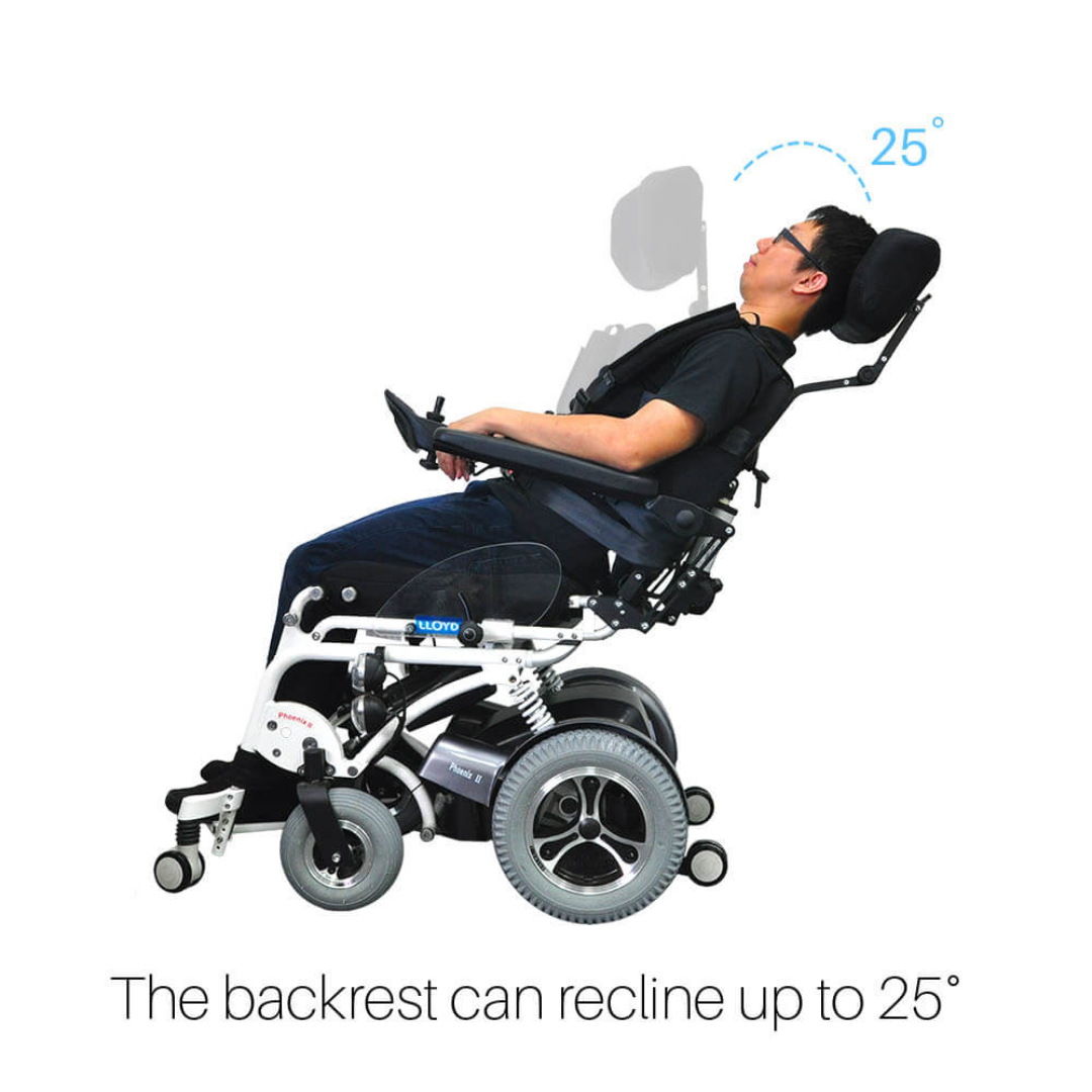 A man in a Foldawheel Lloyd Phoenix 2 Standing Power Wheelchair reclines backward with the backrest at a 25-degree angle. Text below reads: The Phoenix 2’s backrest reclines up to 25°, providing advanced mobility and comfort.
