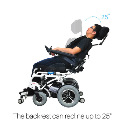 A man in a Foldawheel Lloyd Phoenix 2 Standing Power Wheelchair reclines backward with the backrest at a 25-degree angle. Text below reads: The Phoenix 2’s backrest reclines up to 25°, providing advanced mobility and comfort.