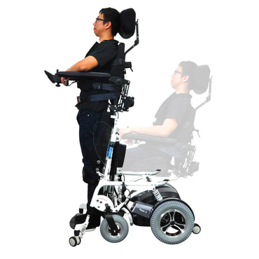 A man uses the Foldawheel Lloyd Phoenix 2 Standing Power Wheelchair, shown both seated and fully upright, demonstrating its advanced mobility and ability to support users in a standing position.