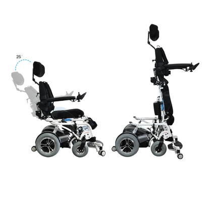 The Foldawheel Lloyd Phoenix 2 Standing Power Wheelchair is shown upright with its user support raised, and reclined at a 25-degree angle, showcasing advanced mobility and adjustable seating features.