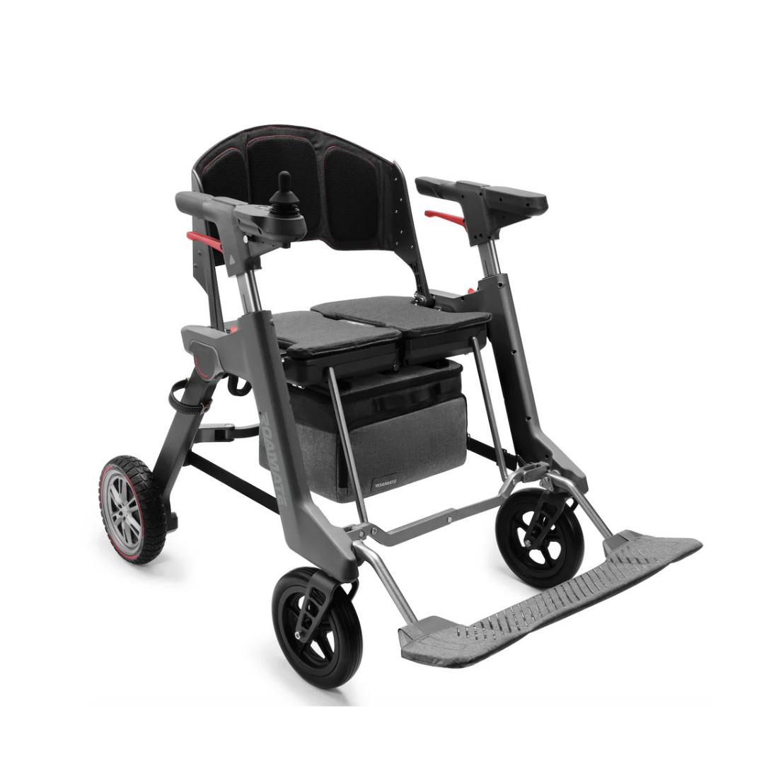 The Footrest Center Support Panel for Roamate Wheelchair adds comfort and stability to a modern, lightweight electric wheelchair with cushioned seat, armrest joystick control, large rear wheels, and small front wheels.