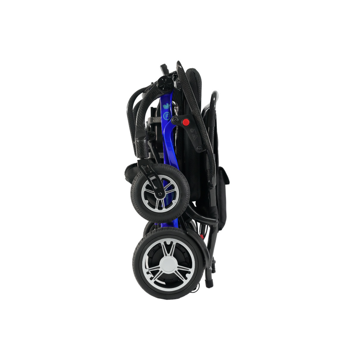 The Forcemech Carbon F1 Ultralight Folding Powerchair weighs just 33 lbs and features dual 200-watt motors, a shiny blue frame, black cushions, four wheels, a sleek carbon finish, handlebars, armrests for comfort, and an intuitive joystick for easy maneuverability.