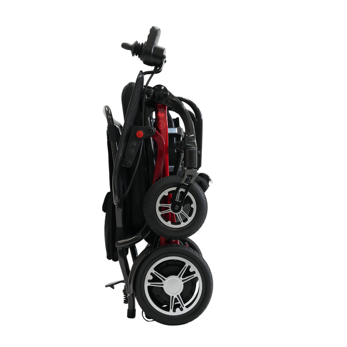 The Forcemech Carbon F1 Ultralight Folding Powerchair, weighing 33 lbs, is shown upright in a sleek black and red design. Its compact folding highlights its portability. The armrest features joystick control, and dual 200-watt motors ensure smooth operation with wheels aligned for easy transport.