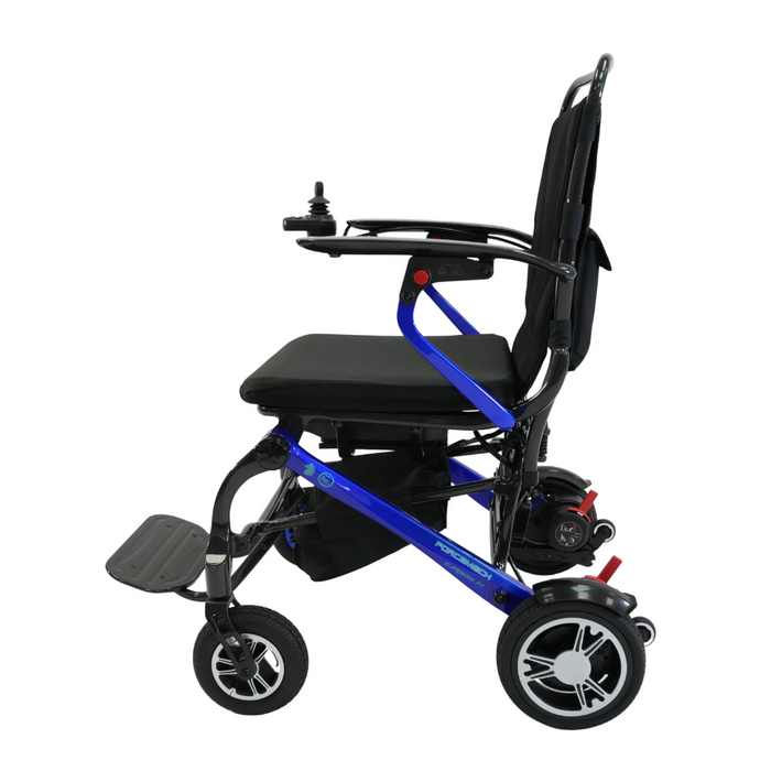 The Forcemech Carbon F1 Ultralight Folding Powerchair, weighing just 33 lbs, is a blue and black electric wheelchair with dual 200-watt motors, joystick control on the armrest, cushioned seat, footrest, four wheels, and a compact modern design with a convenient folding mechanism for easy storage.