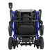 The Forcemech Carbon F1 Ultralight Folding Powerchair, weighing only 33 lbs, is shown folded. Its blue and black design features a back pocket, joystick control, and visible rear wheels.