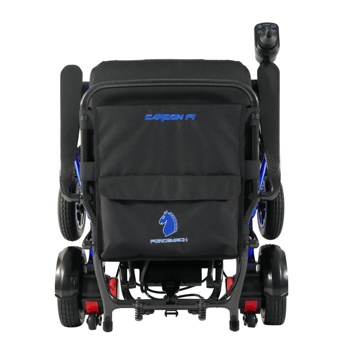 A rear view of a sleek black Forcemech Carbon F1 electric wheelchair with large wheels and an attached joystick. The backrest features blue embroidered Carbon F1 text and a horse logo above PERCHERON, driven by dual 200-watt motors for smooth, reliable performance.