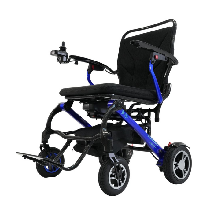 The Forcemech Carbon F1 is an ultralight, foldable electric wheelchair weighing only 33 lbs. It features a sleek black seat with a blue frame, cutting-edge folding mechanism, joystick control on the armrest, and dual 200-watt motors for smooth mobility on four wheels.