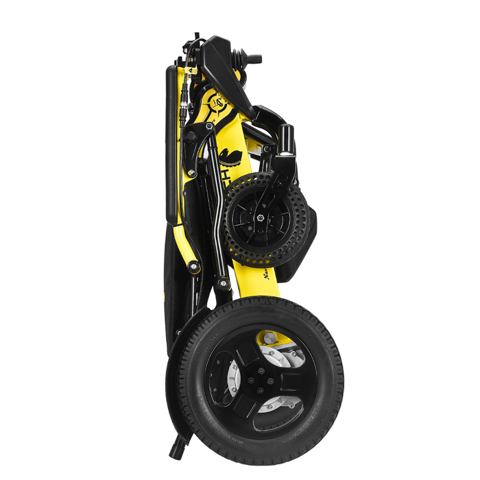 The Forcemech Navigator Bariatric Portable Powerchair, FAA Approved, comes in a striking yellow and black design that folds neatly for storage. Powered by lithium batteries, it features aligned handlebars and footboards with front and rear wheels that enhance its portability.