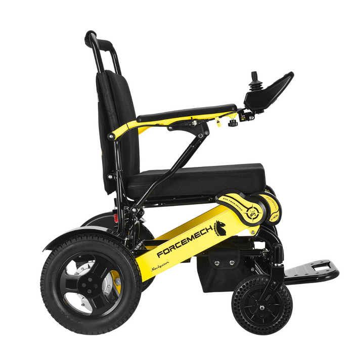 The stylish Forcemech Navigator Bariatric Portable Powerchair, FAA Approved, features a right-armrest joystick controller, large durable wheels, and a sturdy frame. Enhanced with lithium batteries, its part of the next wave in portable power wheelchairs for mobility assistance.