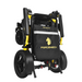 The Forcemech Navigator Bariatric Portable Powerchair, with a black and yellow frame, features a storage pouch with a horse logo and FORCEMECH branding. Lightweight and portable, it offers enhanced mobility via large wheels and efficient lithium batteries. FAA approved.