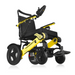 The Forcemech Navigator Bariatric Portable Powerchair - FAA Approved is a sleek, bright yellow powerchair with black accents, featuring large rear wheels, smaller front casters, and a right-armrest joystick. Its powered by efficient lithium batteries for unmatched portability.