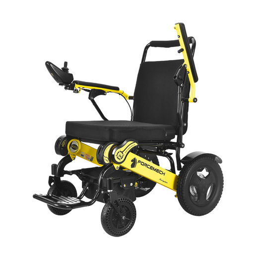 The Forcemech Navigator Bariatric Portable Powerchair is a yellow and black foldable wheelchair with joystick armrest control, lithium batteries, large rear wheels, and smaller front wheels. It features Forcemech branding on the frame and is FAA approved.