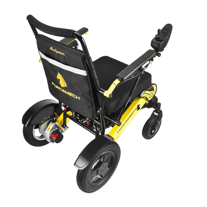 The Forcemech Navigator Bariatric Portable Powerchair, FAA Approved, comes in yellow and black with a right-armrest joystick. It has sturdy wheels, lithium batteries for reliable performance, a foldable design for easy transport, and displays the brands name on the backrest and frame.