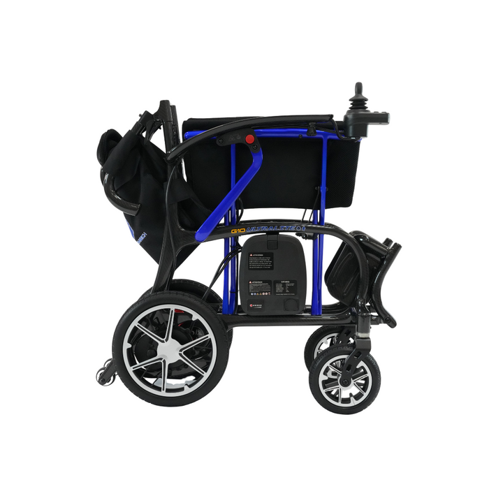 The Forcemech Ultralite G10 Carbon Fiber Powerchair, weighing just 26 lbs, is displayed from the side against a white background. Sporting large rear wheels, smaller front wheels, and a joystick controller on the armrest, this blue and black foldable electric wheelchair prioritizes mobility and convenience.