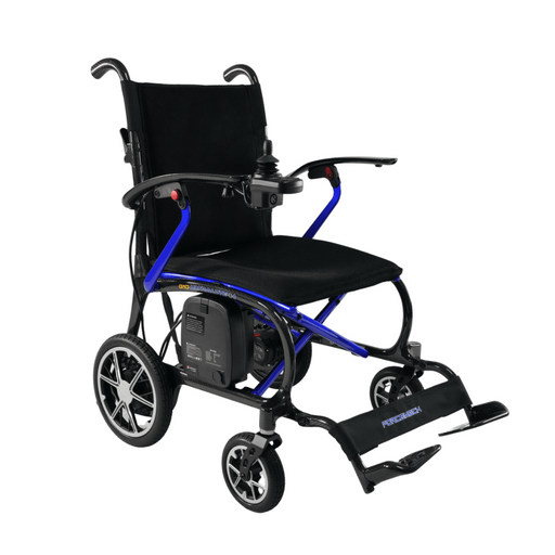 The Forcemech Ultralite G10 Carbon Fiber Powerchair, weighing just 26 lbs, is a black and blue electric wheelchair with an ultralight frame. It has a joystick on the armrest, large rear wheels, smaller front ones, foldable footrest, and cushioned seating for enhanced mobility and convenience.