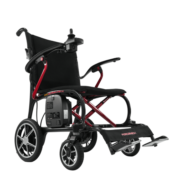 The Forcemech Ultralite G10 Carbon Fiber Powerchair, weighing just 26 lbs, features a black and red design with an ultralight frame, large rear wheels, right armrest joystick controller, footrests, compact rear motor, and a foldable design for enhanced mobility and everyday convenience.