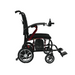 The Forcemech Ultralite G10 Carbon Fiber Powerchair, weighing just 26 lbs, features a black and red design with an ultralight frame, joystick control on the armrest, large rear wheels, smaller front wheels, a cushioned seat, and adjustable footrests for enhanced mobility and convenience.