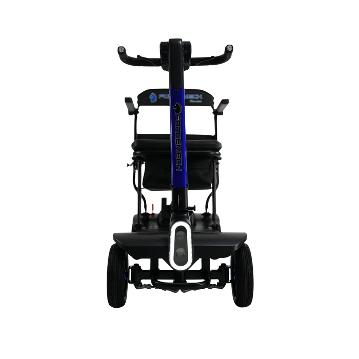 Front view of a blue and black Forcemech Traveler 4-Wheel Electric Mobility Scooter, featuring a handlebar, seat, and two wheels. With FORCEMECH on the stem, this lightweight 44 lbs scooter showcases its quick folding design against a white background.