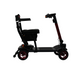 The Forcemech Traveler 4-Wheel Mobility Scooter, weighing only 44 lbs, features a compact design with a black and red finish. It includes a cushioned seat with backrest, handlebars with controls, and is easy to maneuver, fold quickly, and transport effortlessly.