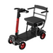 The Forcemech Traveler 4-Wheel Mobility Scooter, weighing just 44 lbs, features a red frame, black seat with armrests, handlebars, and a footplate. Its compact design ensures it folds quickly for convenient transportation and storage.