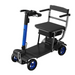 The Forcemech Traveler 4-Wheel Mobility Scooter is compact and lightweight at only 44 lbs. It features a black and blue color scheme, padded seat with armrests, handlebar controls, a sturdy foot platform, and a quick-folding design for easy transport.