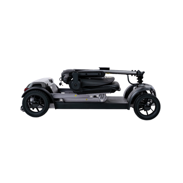 A black and silver Forcemech PathMate Portable Mobility Scooter is shown from the side, fully folded with its seat and handlebars collapsed onto the base for easy, compact storage or transport.
