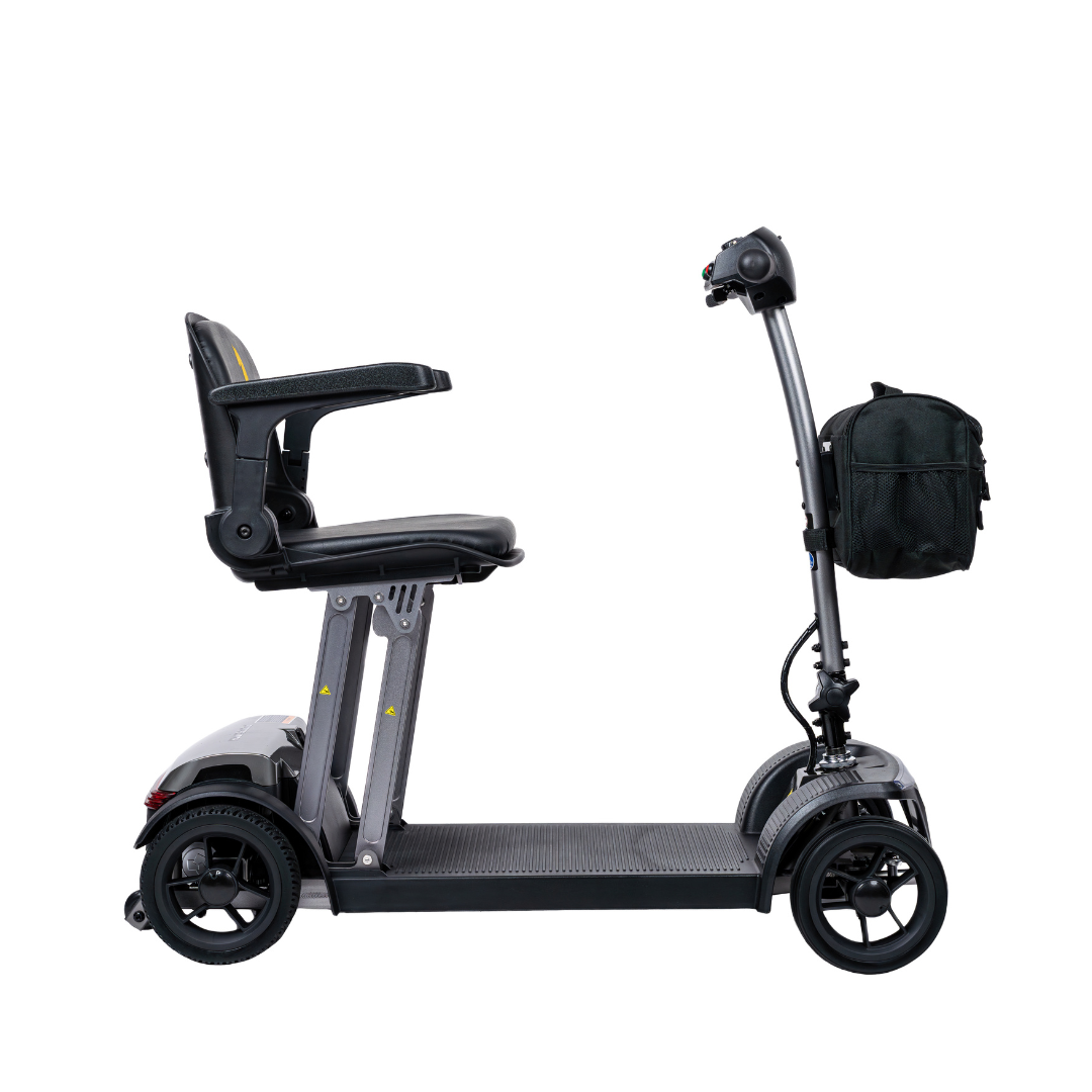 The Forcemech PathMate Portable Mobility Scooter, featuring three wheels, a padded seat, armrests, handlebars, and a black front storage bag, delivers easy mobility and is displayed against a white background.