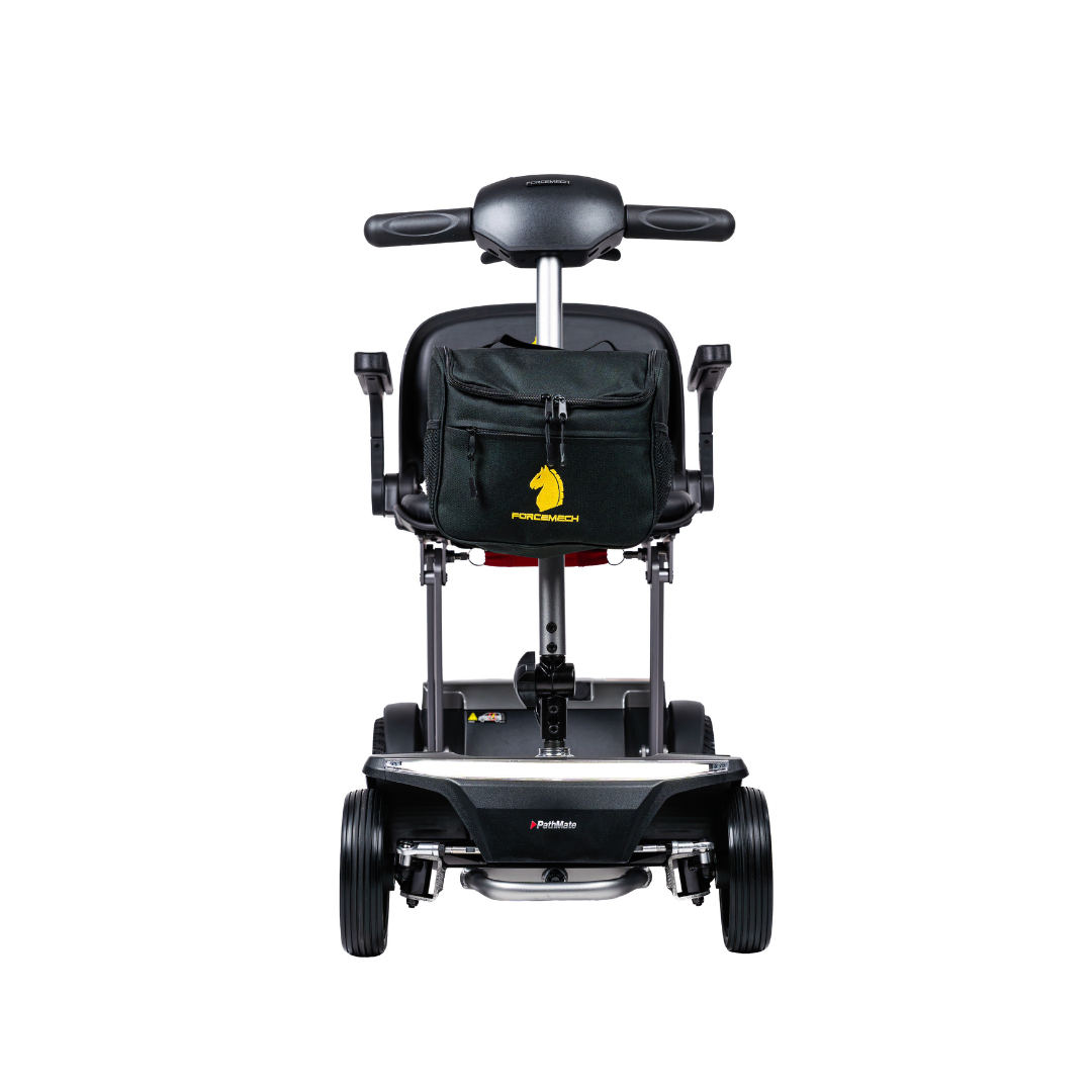 Front view of the Forcemech PathMate Portable Mobility Scooter: black with seat, armrests, handlebars, and a black storage bag featuring a yellow logo attached to the backrest for easy mobility.
