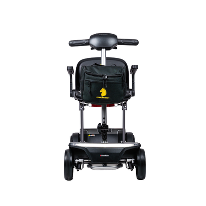 Front view of the Forcemech PathMate Portable Mobility Scooter: black with seat, armrests, handlebars, and a black storage bag featuring a yellow logo attached to the backrest for easy mobility.
