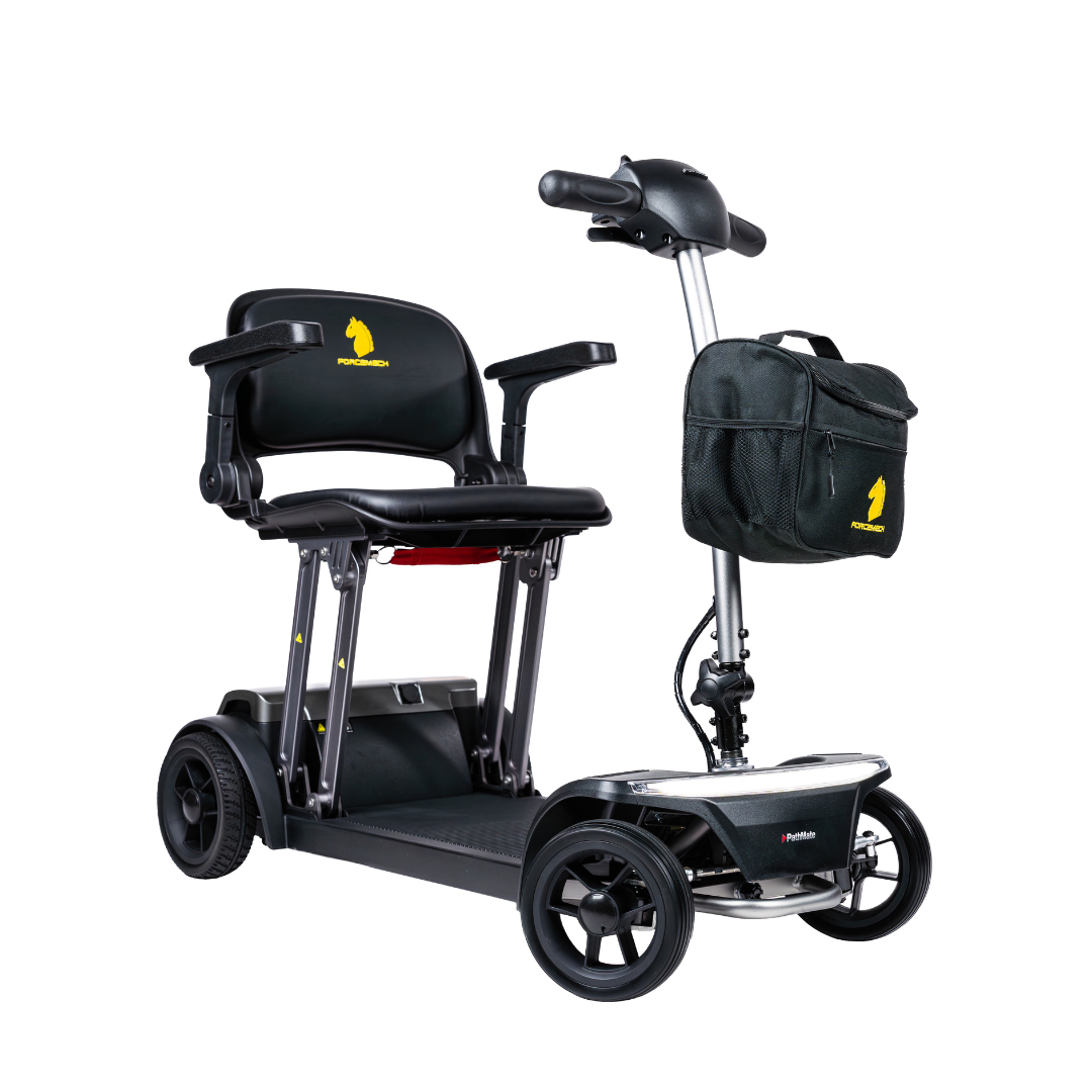 The Forcemech PathMate Portable Mobility Scooter is compact and black, with four wheels, a padded seat and armrests, handlebar storage bag, and yellow unicorn logos on the seat and bag for stylish, effortless mobility.