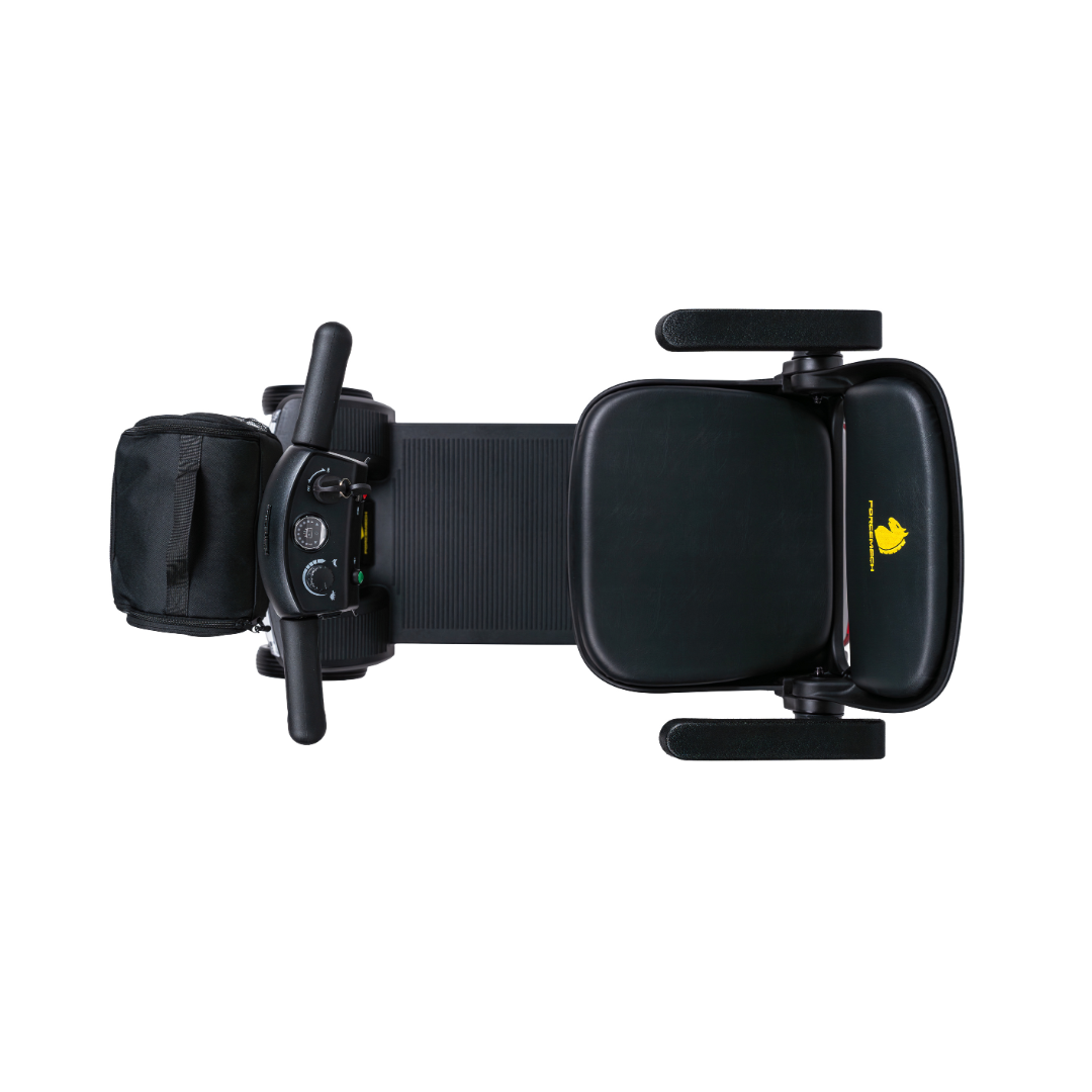 Top-down view of the Forcemech PathMate Portable Mobility Scooter seat with armrests, control panel, storage bag, and a yellow duck logo for easy mobility.
