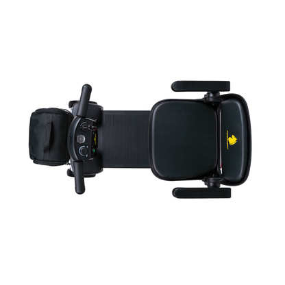 Top-down view of the Forcemech PathMate Portable Mobility Scooter seat with armrests, control panel, storage bag, and a yellow duck logo for easy mobility.